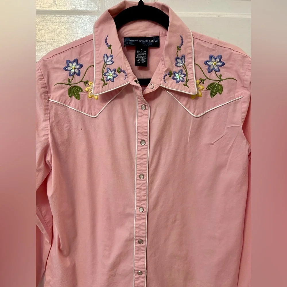 Susan Graver Women’s Western Shirt Sz L | Pink w Floral Embroidery Snaps